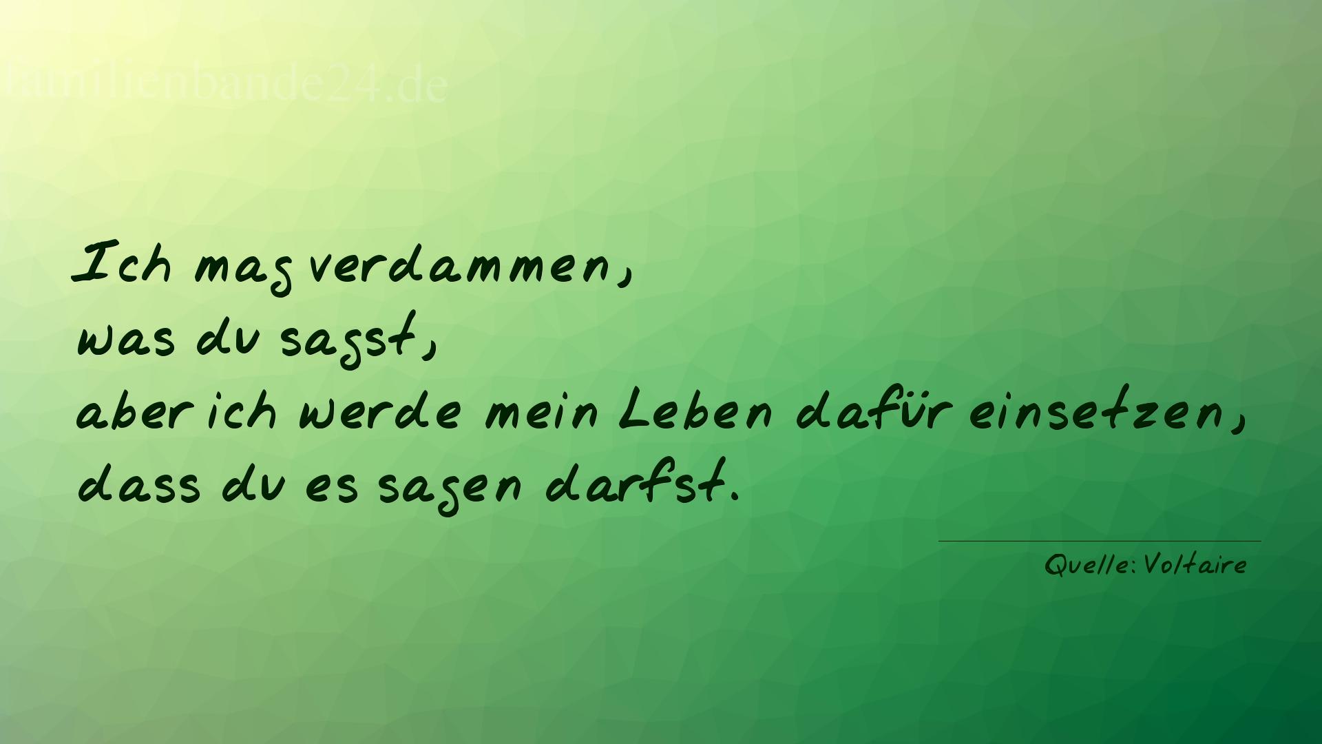 Aphorismus Nr. 1212 (von Voltaire): "Ich mag verdammen, was du sagst, aber ich werde mein Lebe [...]