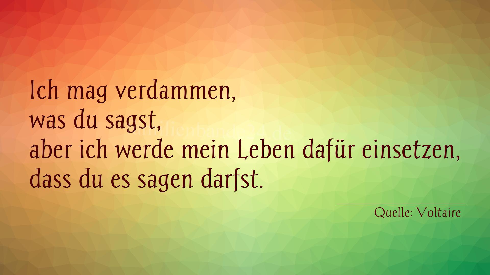 Aphorismus Nr. 1212 (von Voltaire): "Ich mag verdammen, was du sagst, aber ich werde mein Lebe [...]