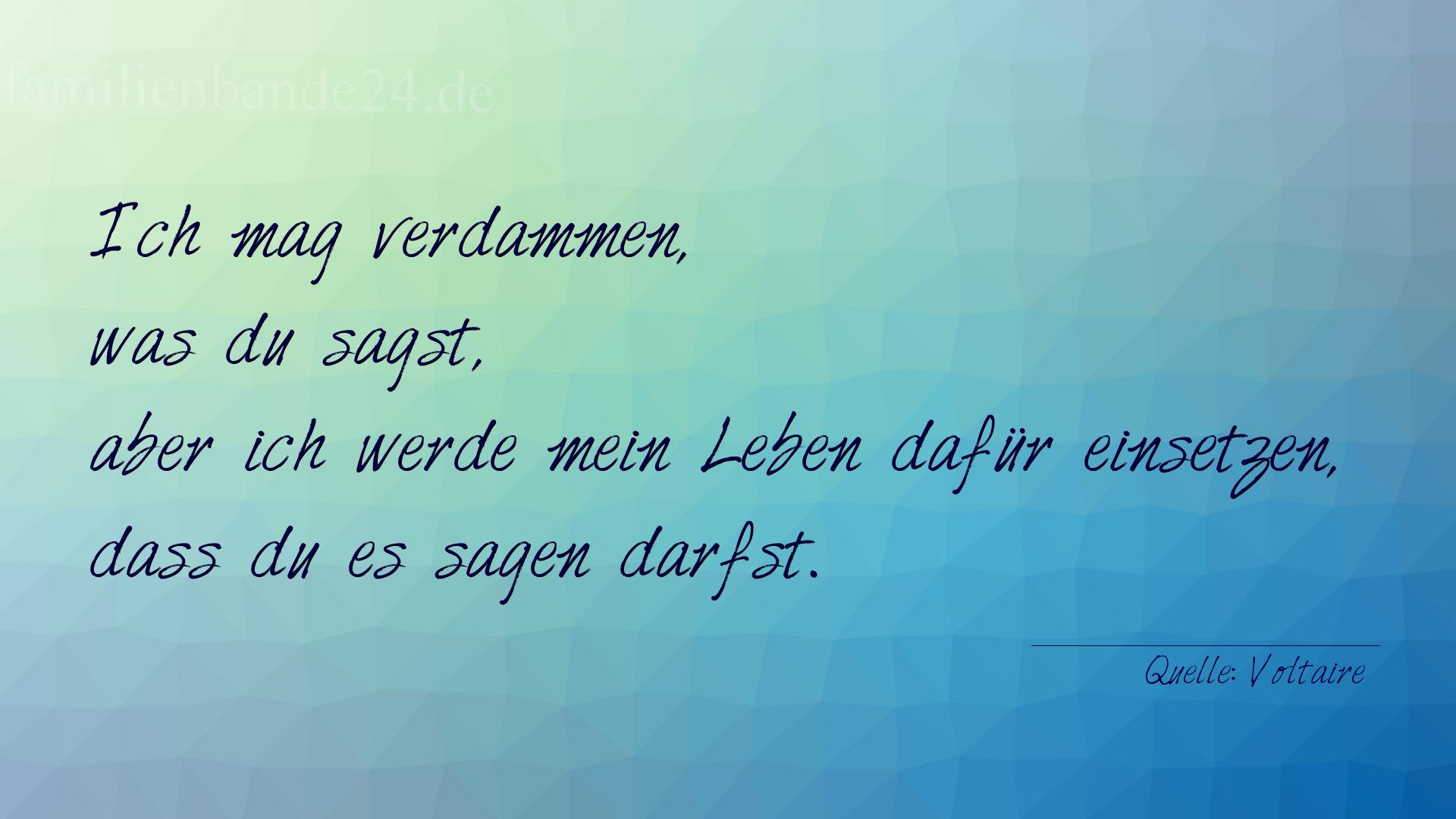 Aphorismus Nr. 1212 (von Voltaire): "Ich mag verdammen, was du sagst, aber ich werde mein Lebe [...]